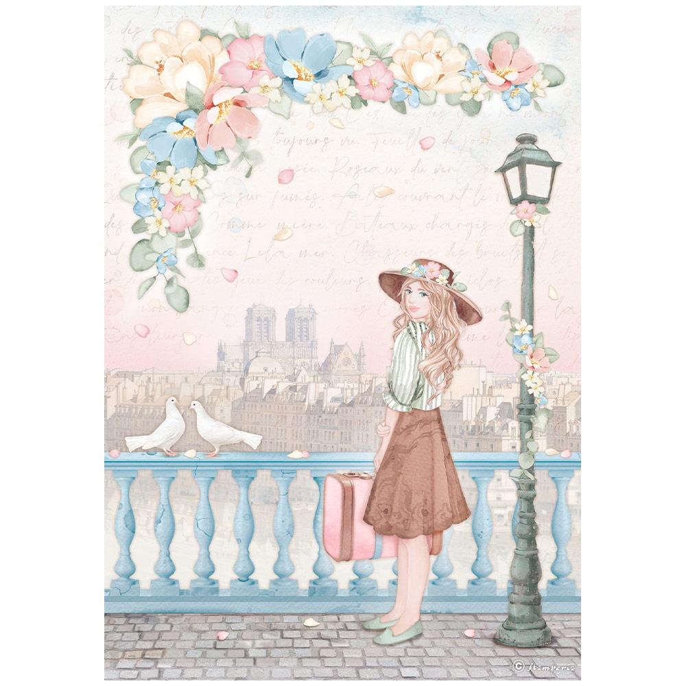 Stamperia Rice Paper Sheet A4 - Oh La La - Girl With Suitcase