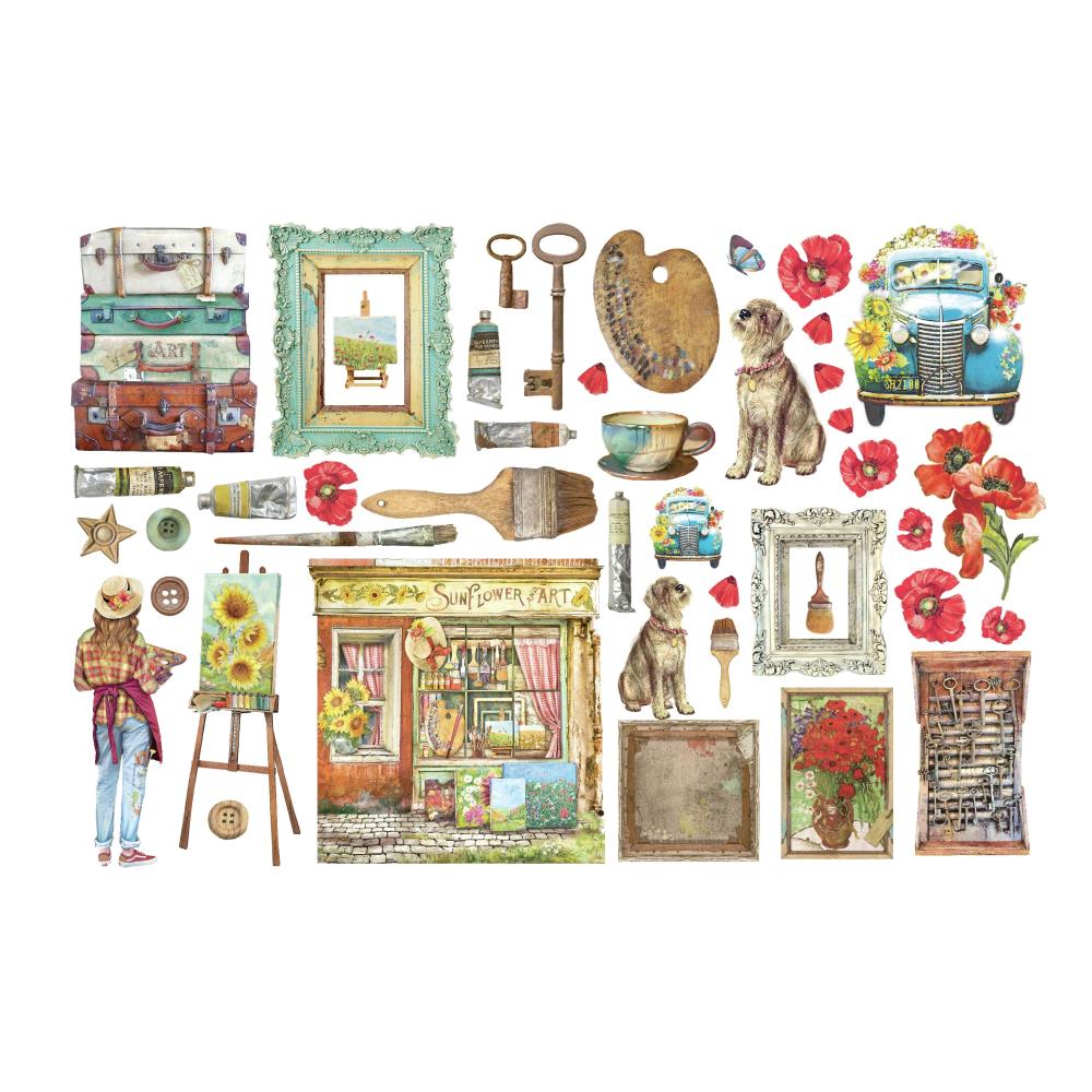 Stamperia Cardstock Ephemera Adhesive Paper Cut Outs - Sunflower Art Elements And Poppies