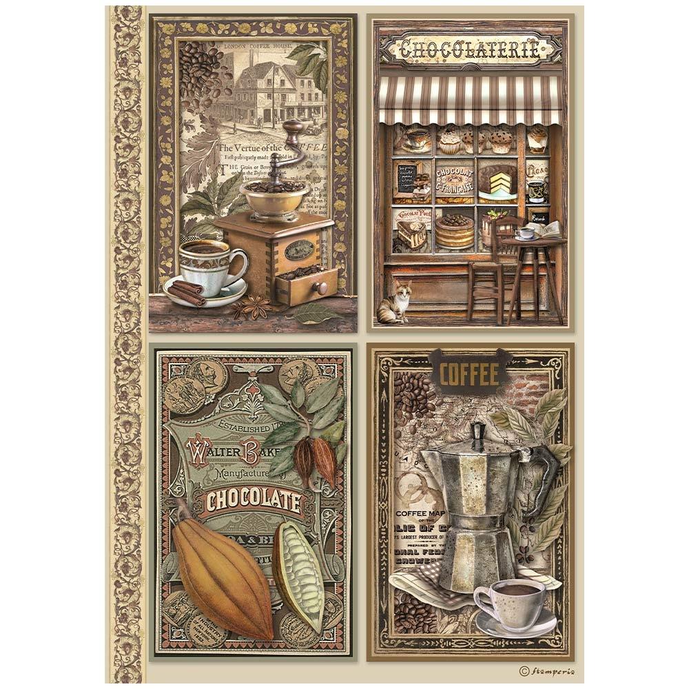 Stamperia Rice Paper Sheet A4 - Coffee And Chocolate 4 Cards