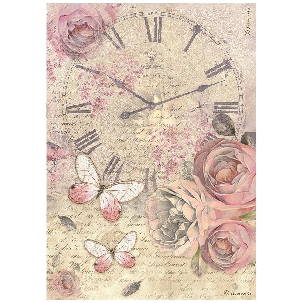 Stamperia Rice Paper Sheet A4 - Shabby Rose Clock