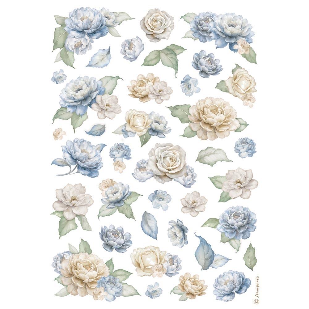 Stamperia Rice Paper Sheet A4 - Timeless Roses and Blue Flowers Pattern
