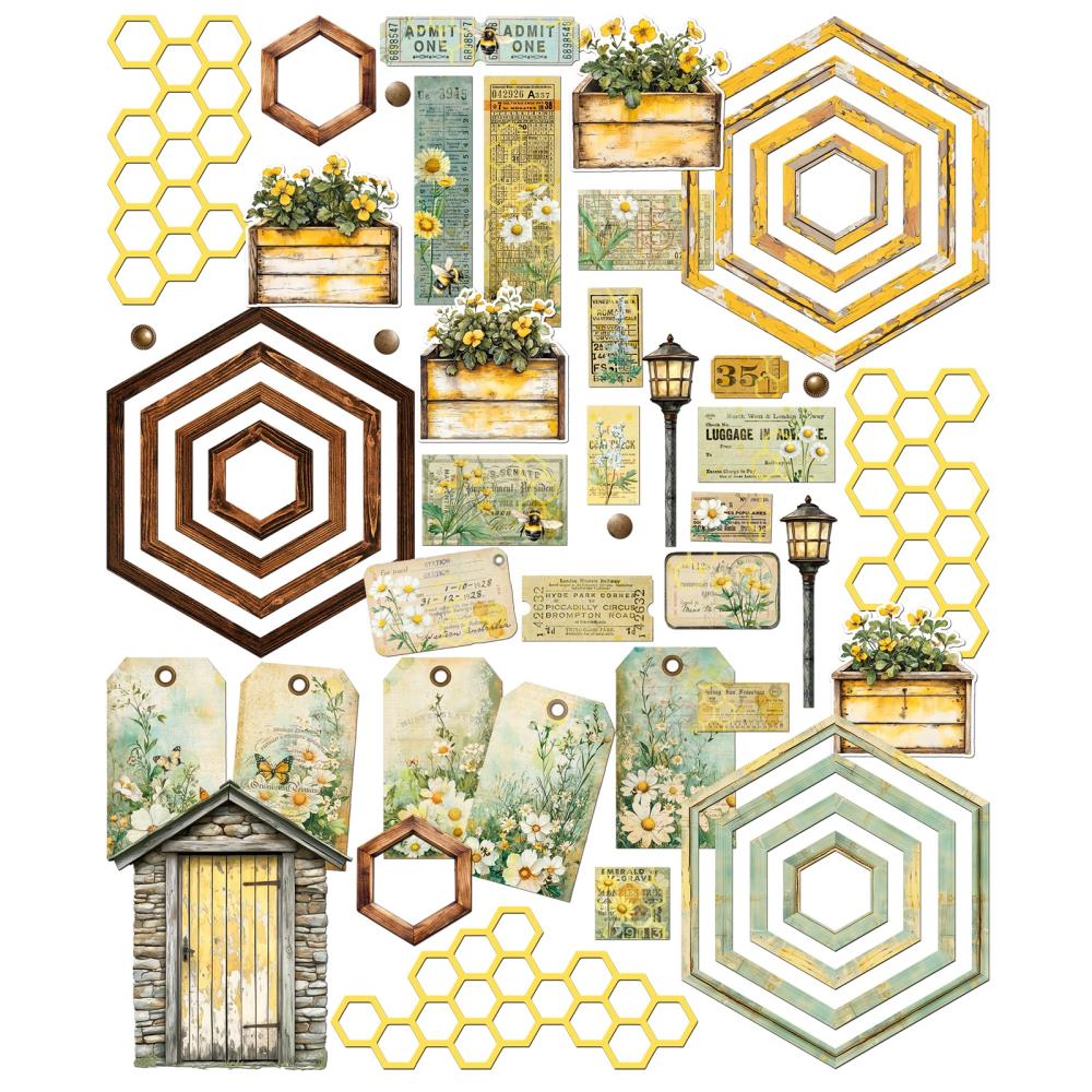 49 and Market Die-Cuts – Botanical Buzz pack with hexagons, tags, and ticket embellishments