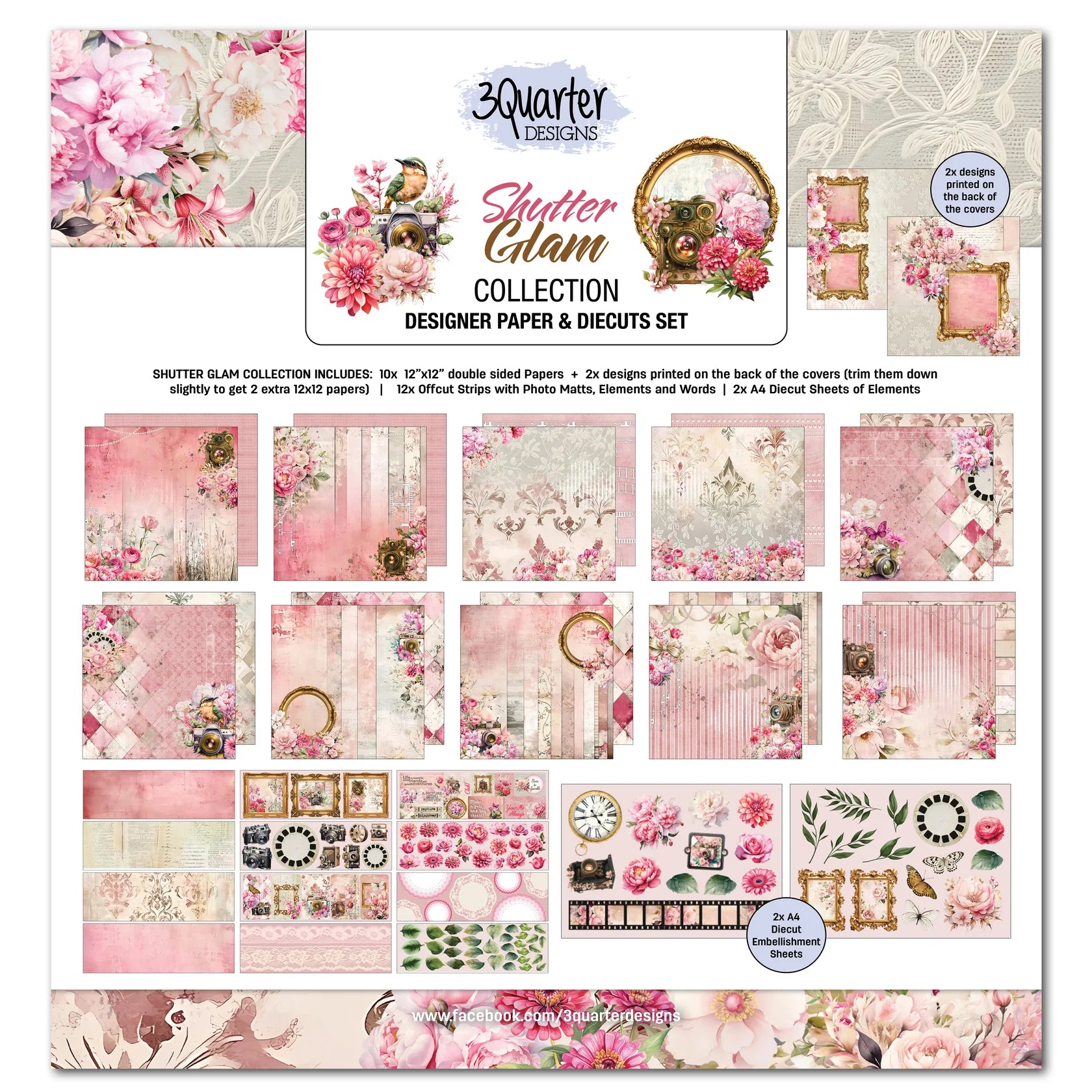 Floral and pink accent paper craft pack with white background