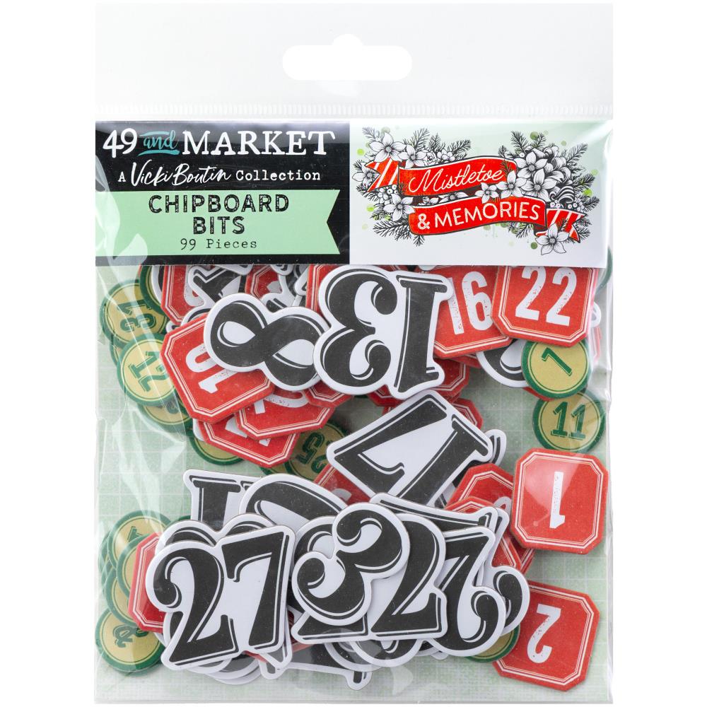 Packaged chipboard bits with numbers and letters, featuring '49 and Market' and 'Mistletoe & Memories' branding.