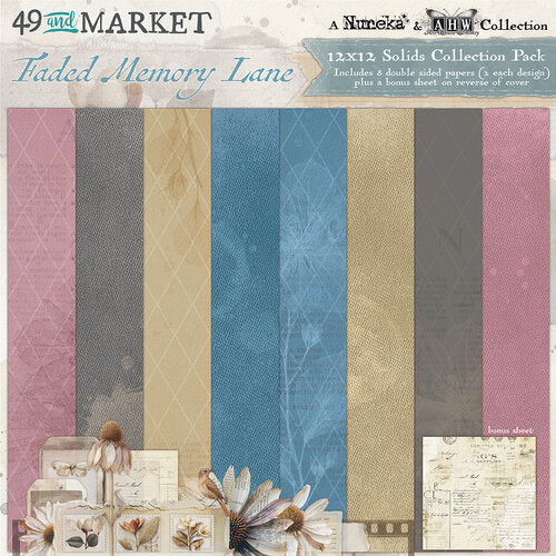 Collection of 12x12 solid patterned papers with decorative elements on a white background.