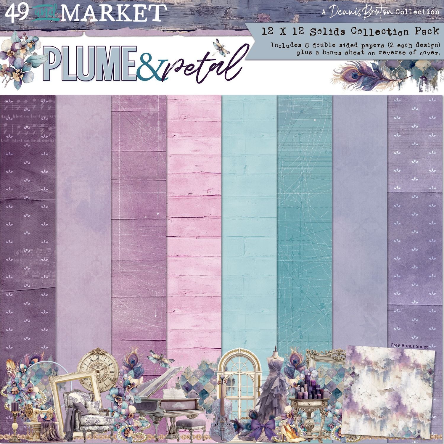 Collection of 12x12 solid color papers with decorative elements on a purple background.