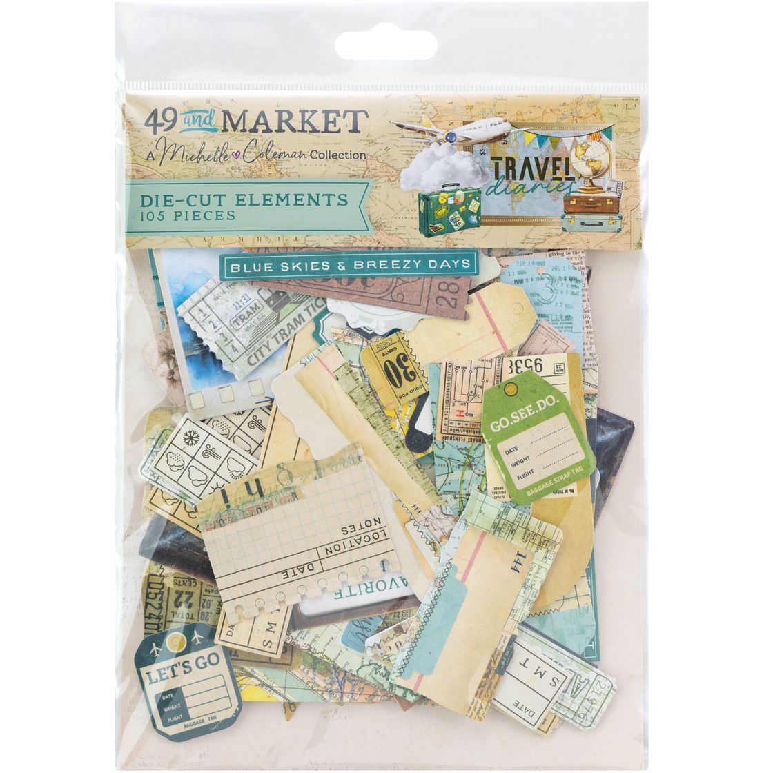 Packaged die-cut elements with travel-themed designs on a white background