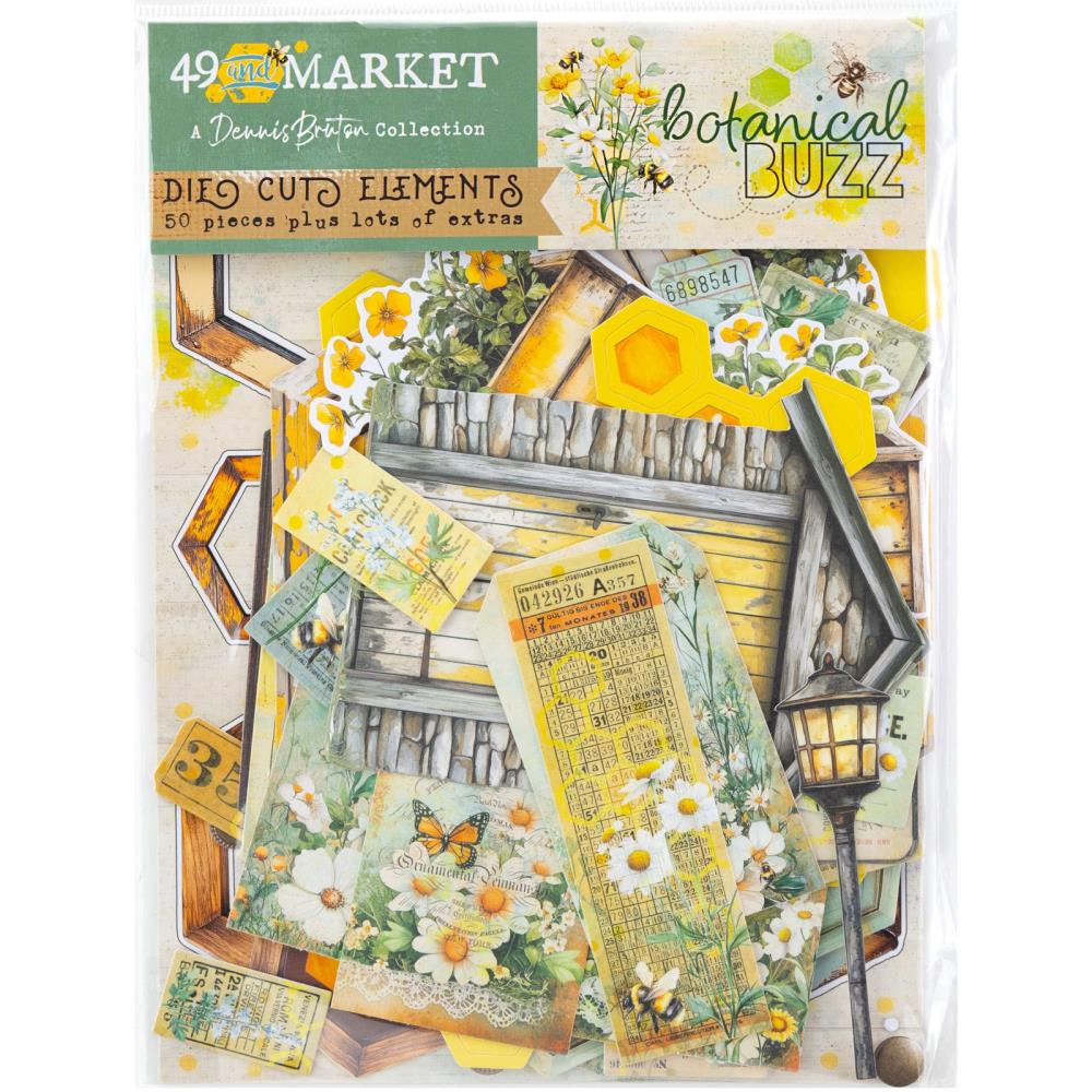 49 and Market Die-Cuts – Botanical Buzz pack with hexagons, tags, and ticket embellishments