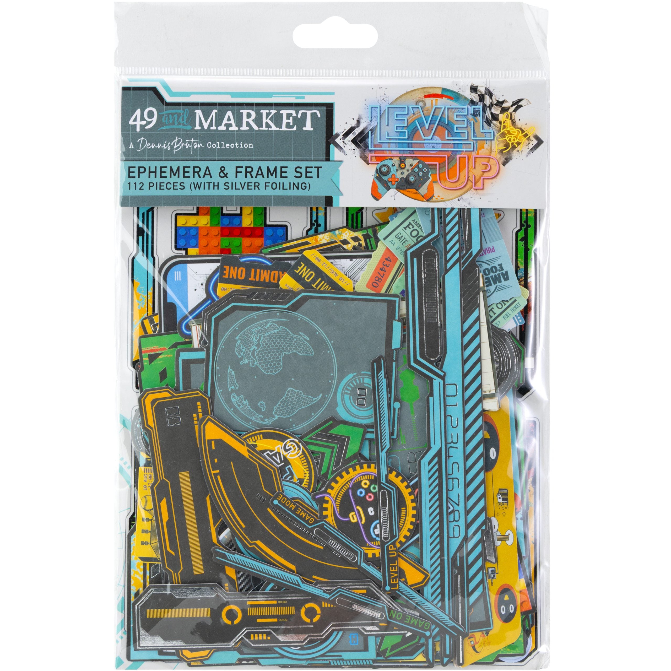 A packaged craft set labeled '49th Street Market Ephemera & Frame Set' by James Martin Gallenstein, containing 112 pieces with silver foiling. The set is shown inside a clear plastic bag with colorful retro-futuristic frame pieces and labels in blue, yellow, green, black, and silver.