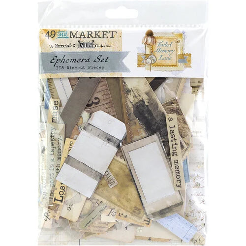 Packaged ephemera set with vintage-style cut-out pieces and '49 and Market' branding.
