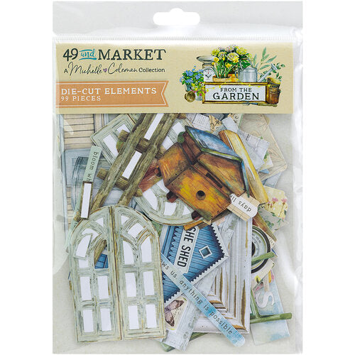 Packaging of 49 and Market die-cut elements with garden-themed designs.