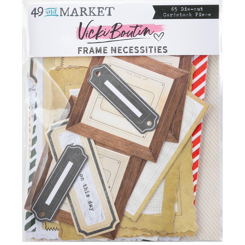 Vicki Boutin Frame Necessities die-cut cardstock pieces with a wooden look and other decorative frames and tags.