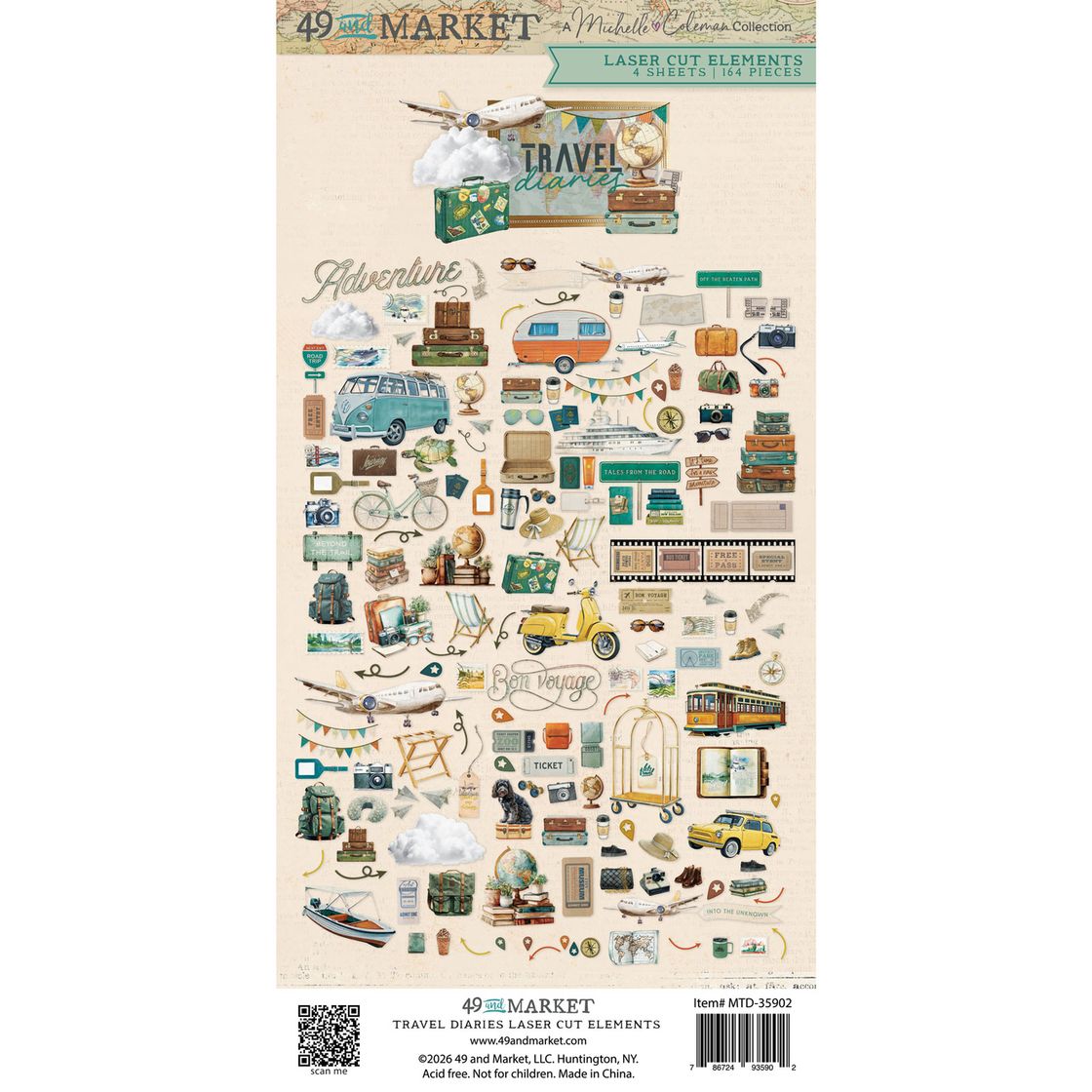Collection of travel-themed laser cut elements on a white background