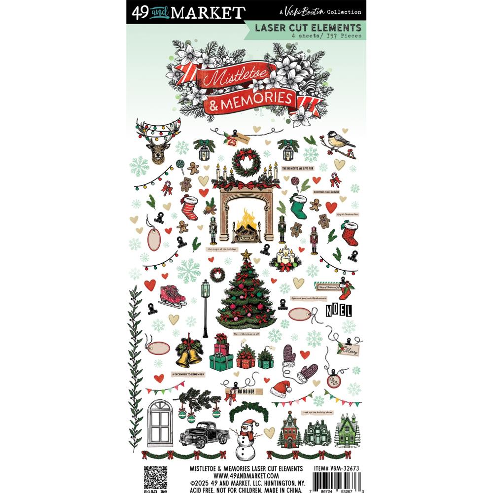 Sheet of Christmas-themed laser cut elements with decorative designs on a white background.