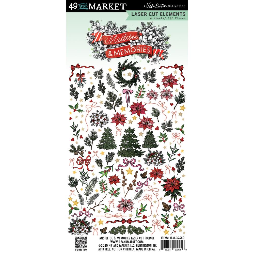 Infuse your holiday projects with festive charm using Vicki Boutin's Mistletoe and Memories Laser Cut Foliage. This intricate collection features beautifully detailed trees, poinsettias, spruce branches, delicate bows, clusters of berries, and sparkling stars, plus even more delightful elements to create stunning winter scenes and accents on your cards, layouts, and gift tags.