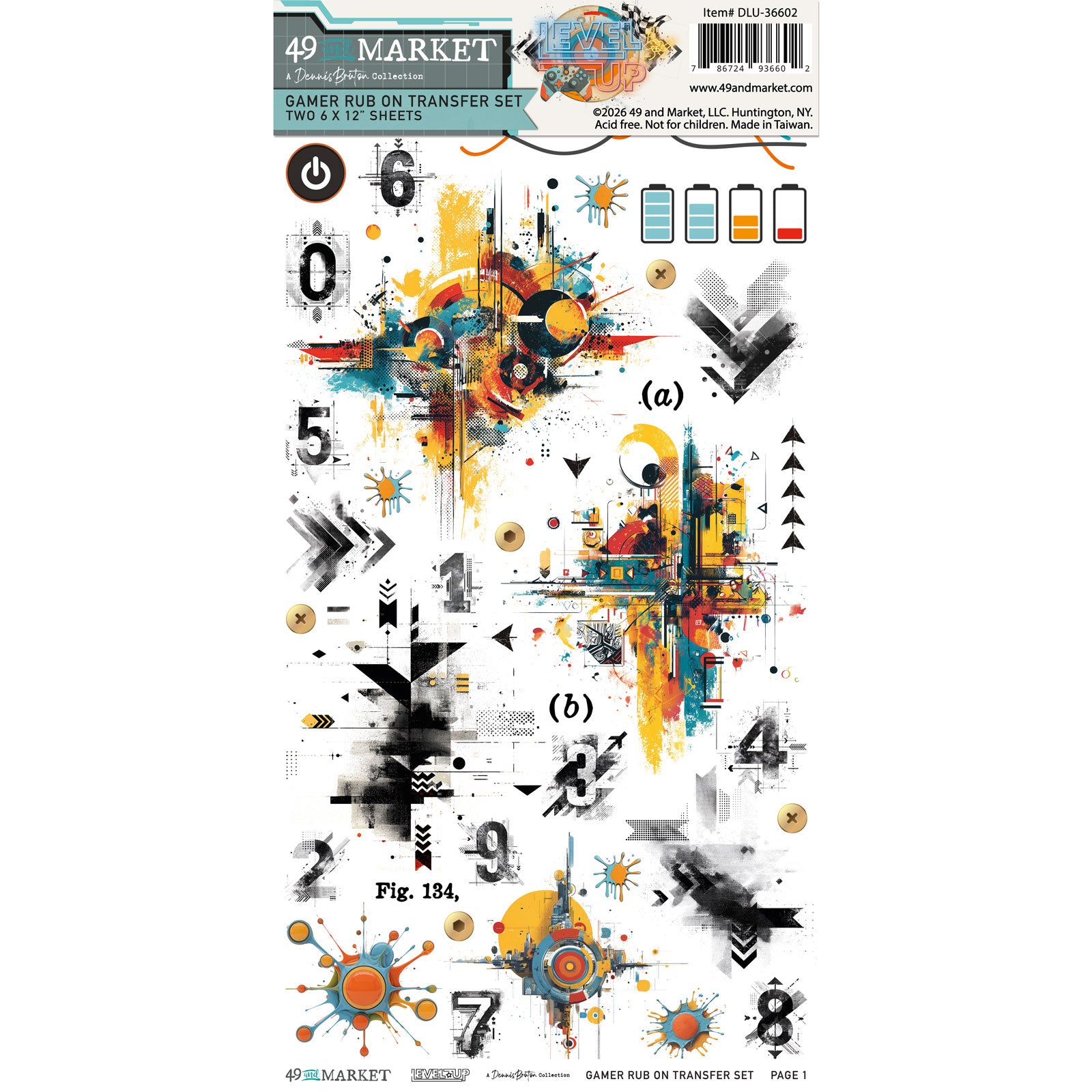 A sheet of decorative transfer stickers from 49 Market GameR Rub on Transfer Set, featuring abstract graffiti-style designs with numbers, arrows, paint splatters, and cityscape elements on a white background.