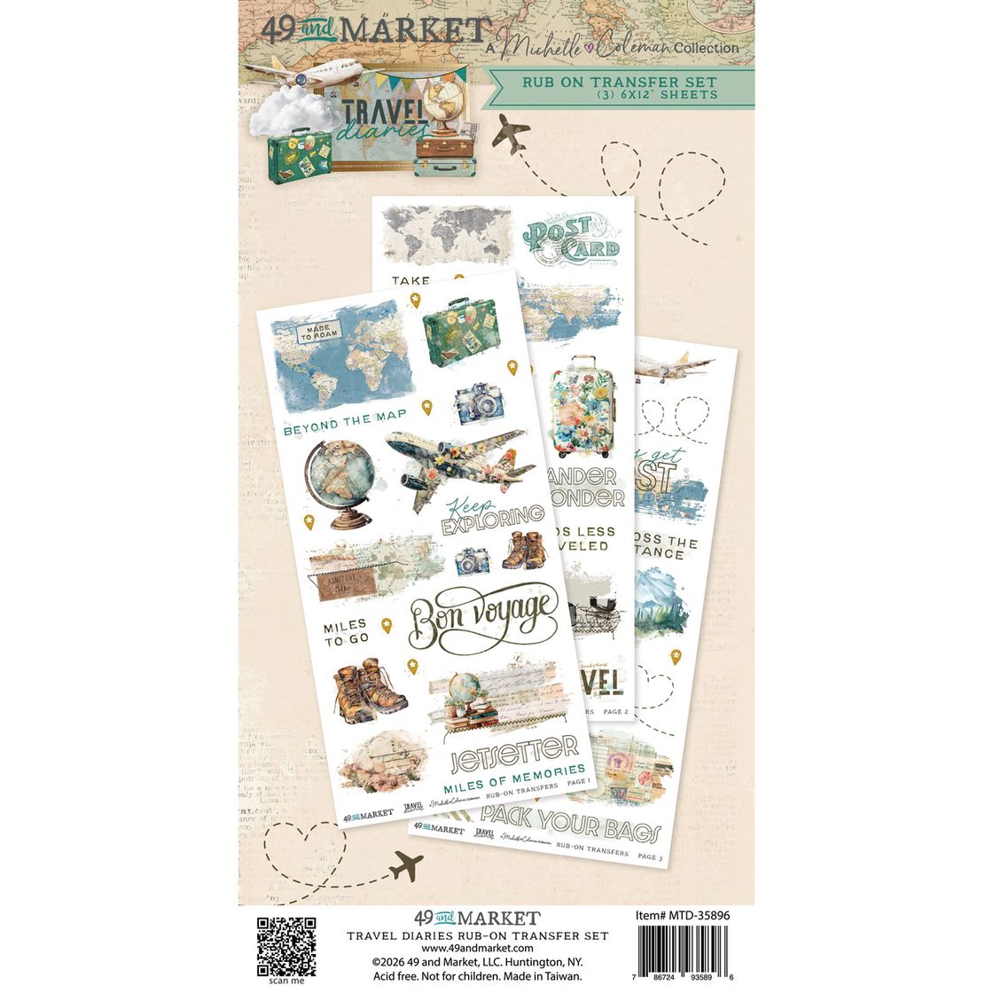 Travel-themed rub-on transfer sheets by 49 and Market on a beige background