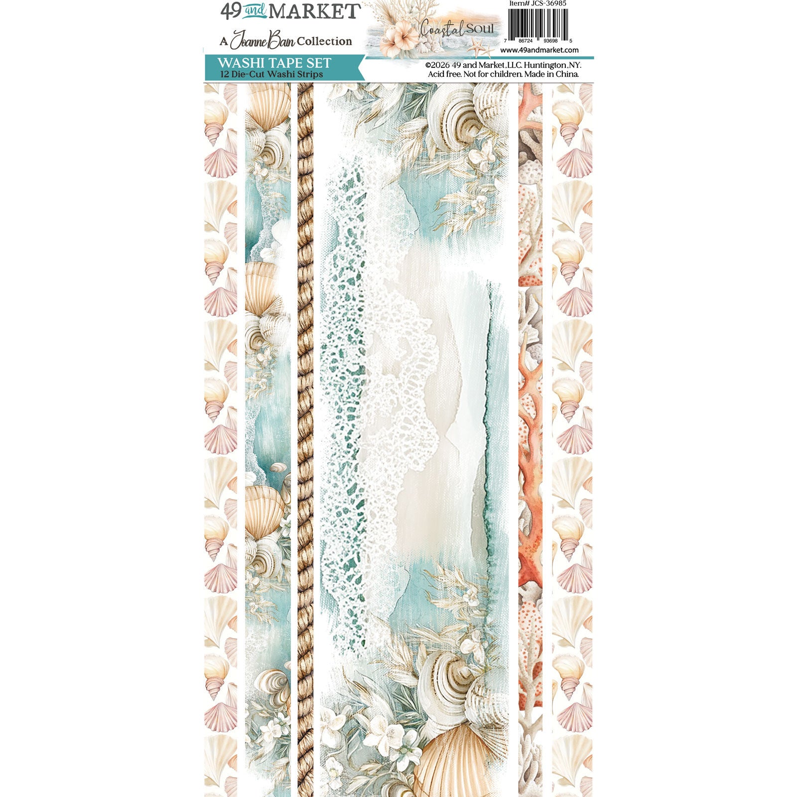 A 49-piece scrapbook paper collection from the brand Paper Paradise, titled 'Beach Breeze Collection'. The sheets feature various vertical patterns including seashells, lace, rope borders, and watercolor seafoam and coral tones.