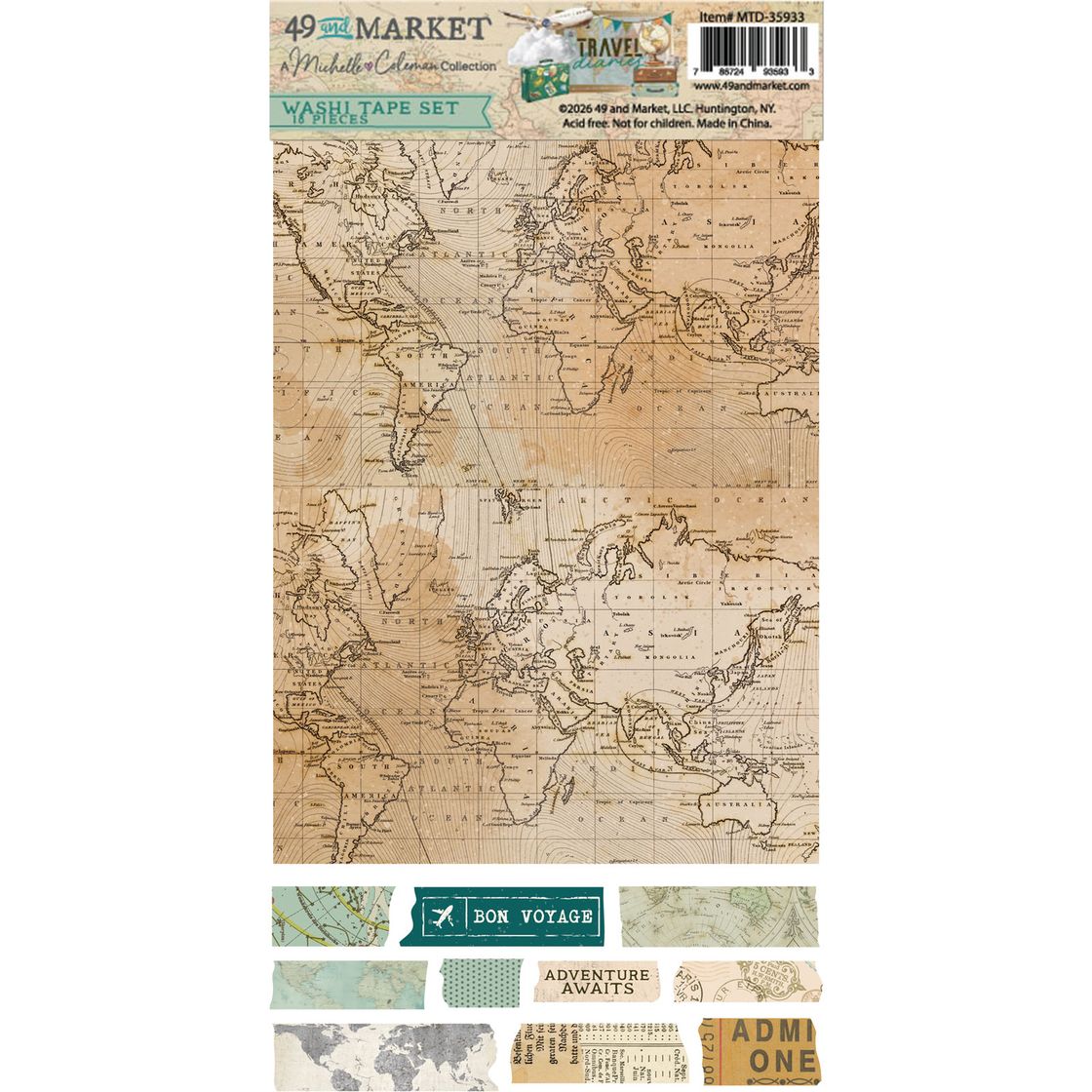 World map-themed washi tape set with decorative tapes on a white background