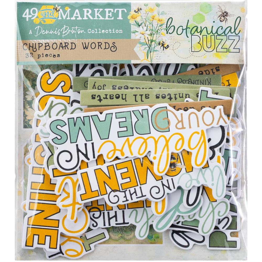 49 and Market Chipboard Set – Botanical Buzz Words with phrases and title embellishments