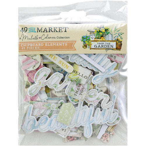 Packaged chipboard elements with decorative text and images on a white background