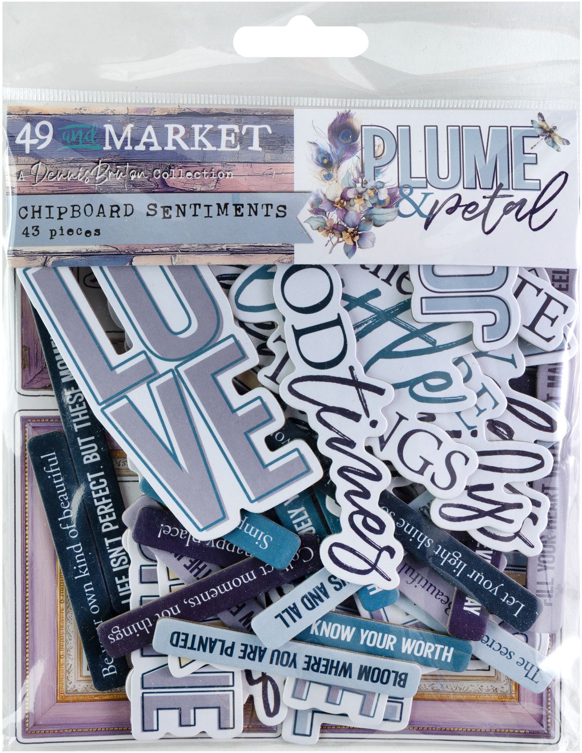 Packaged chipboard sentiments with various phrases on a white background