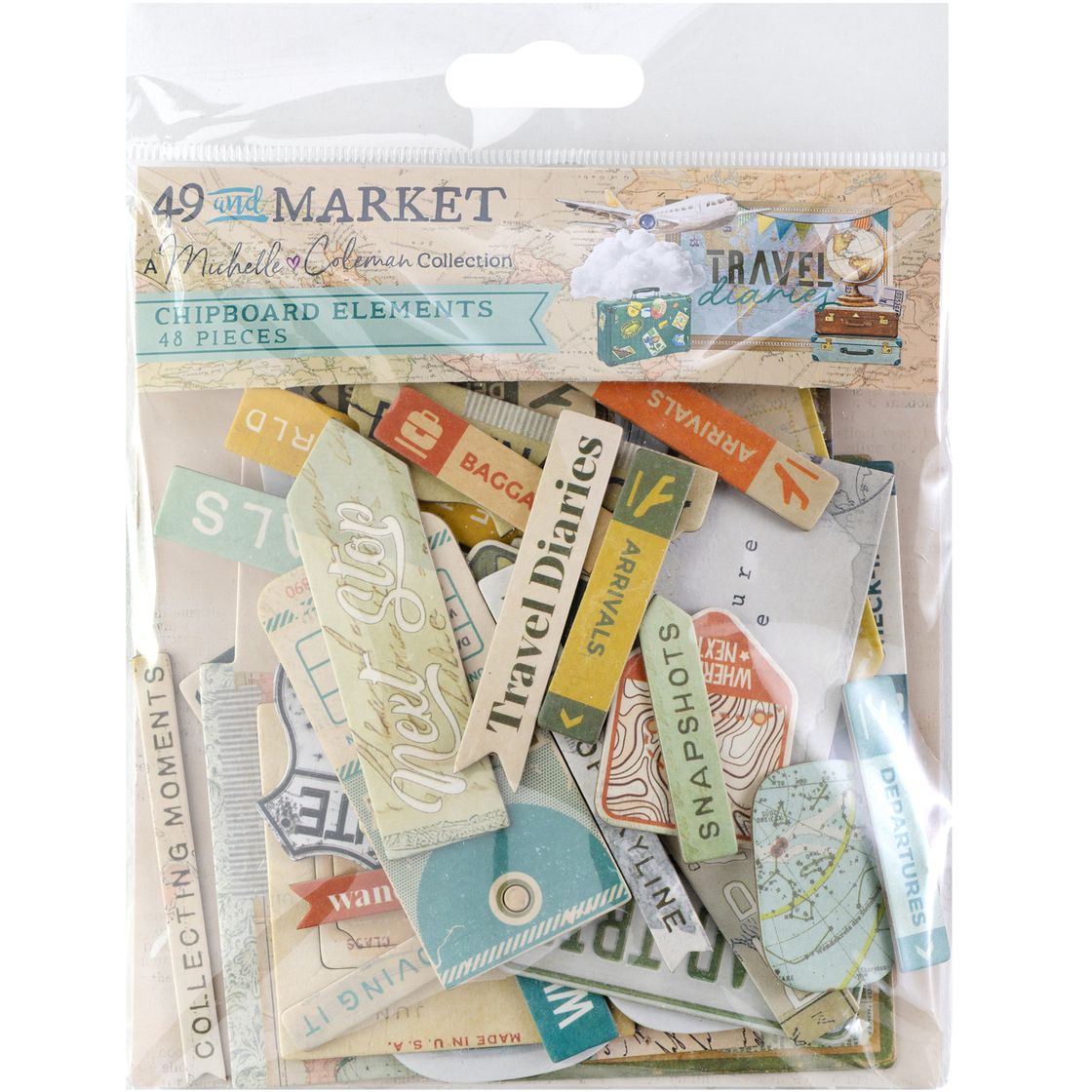 Packaged chipboard elements with travel-themed designs on a white background