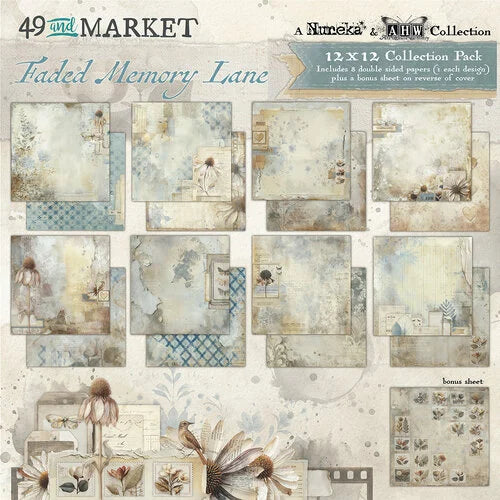 Collection of 12x12 paper sheets with vintage-style designs on a white background, featuring the brand '49 and Market'.