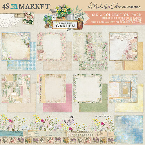 Collection of scrapbooking paper sheets with garden-themed designs and 49 and Market branding.
