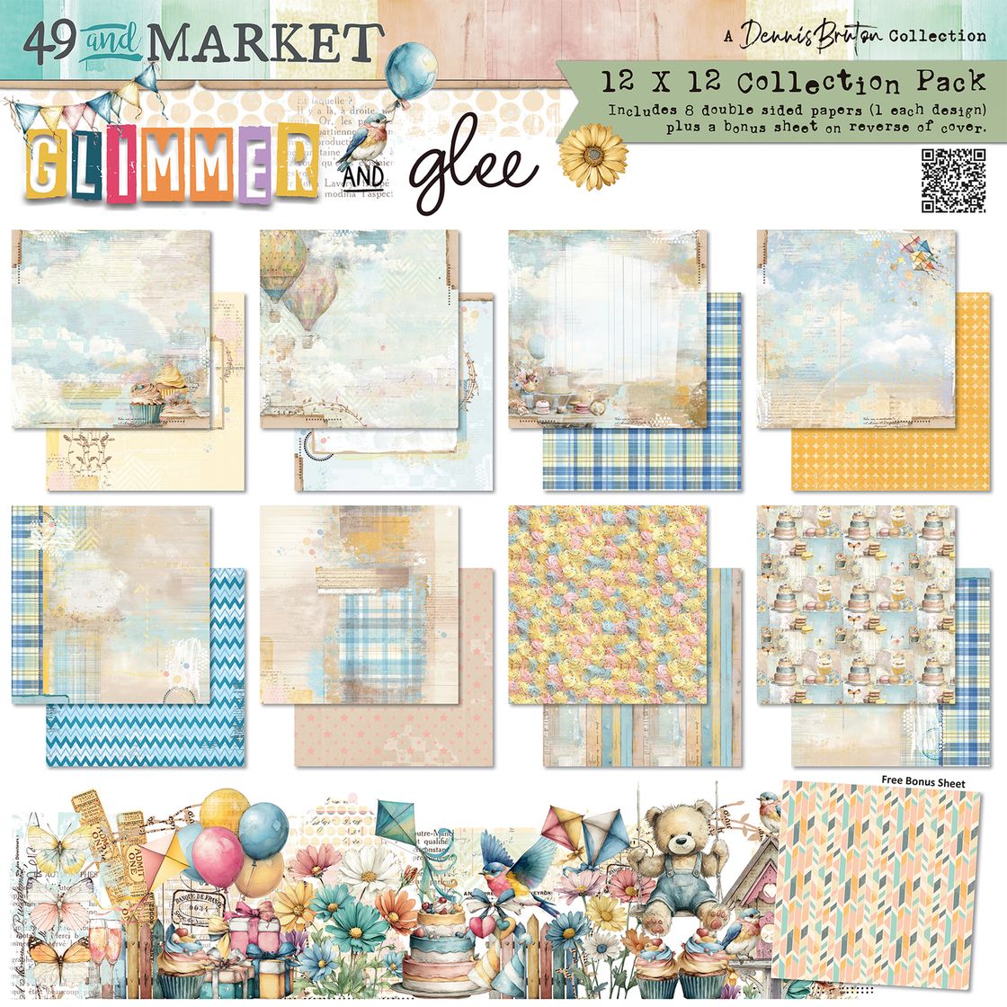 Collection of colorful paper sheets with various designs and patterns, including balloons and teddy bears, from the 'Glimmer and Glee' collection by 49 and Market.