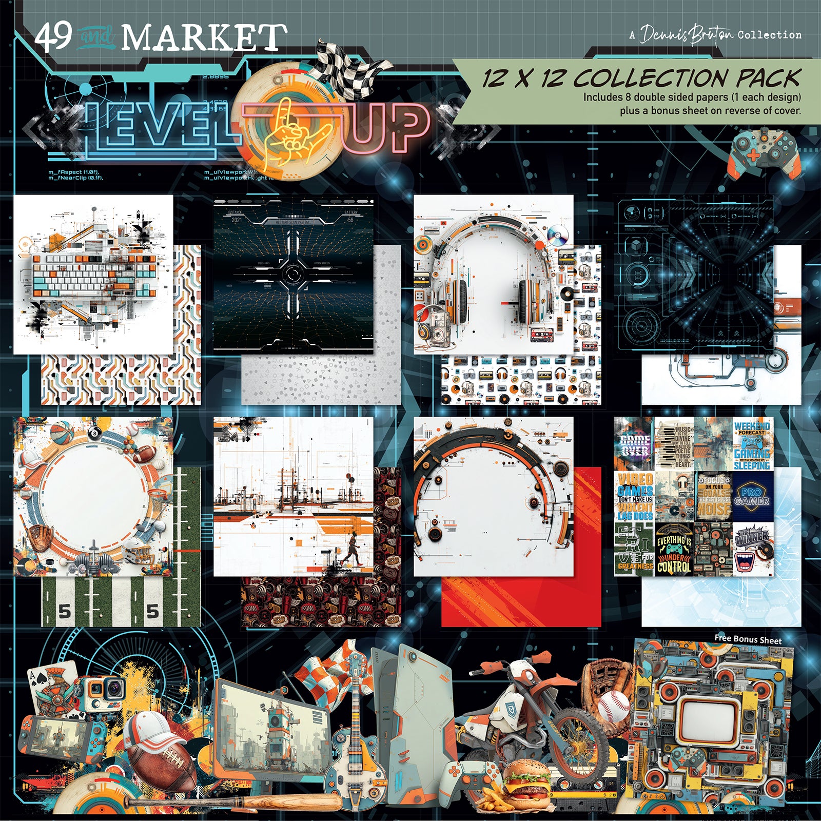 A digital preview collage for a 12 x 12 collection pack themed around sports and gaming, featuring various graphic templates, textures, and design elements on a dark futuristic background.