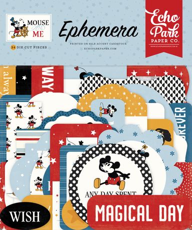 Collection of die-cut pieces with Mickey Mouse designs and text from Echo Park Paper Co.