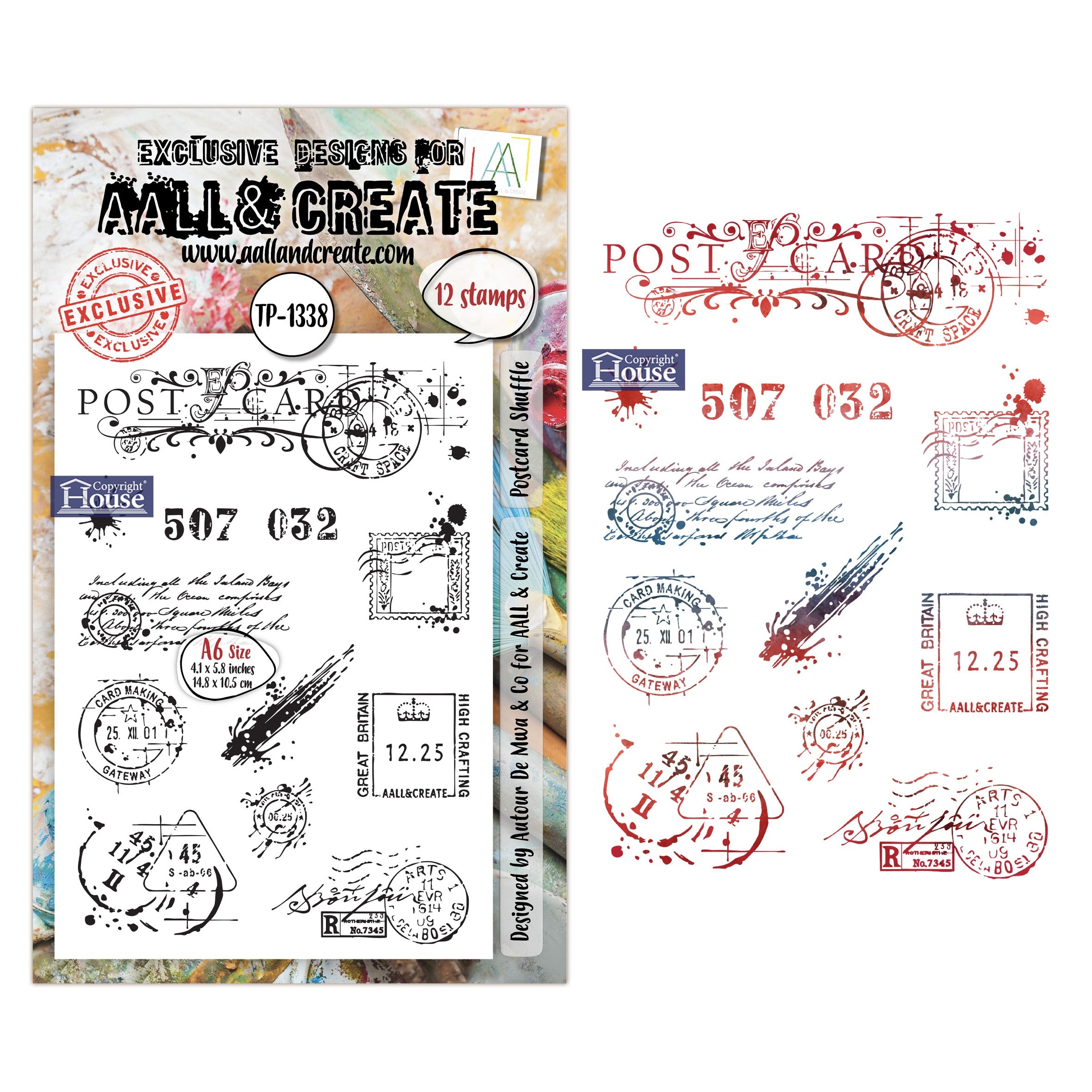 Collection of vintage-style stamps and postcard designs on a white background.
