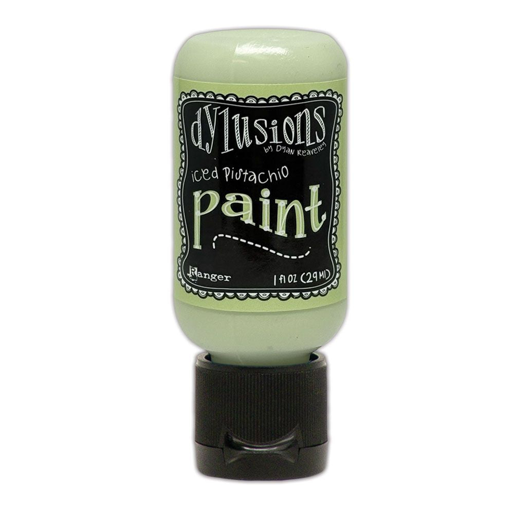 Green bottle of Dylusions paint with black label on a white background