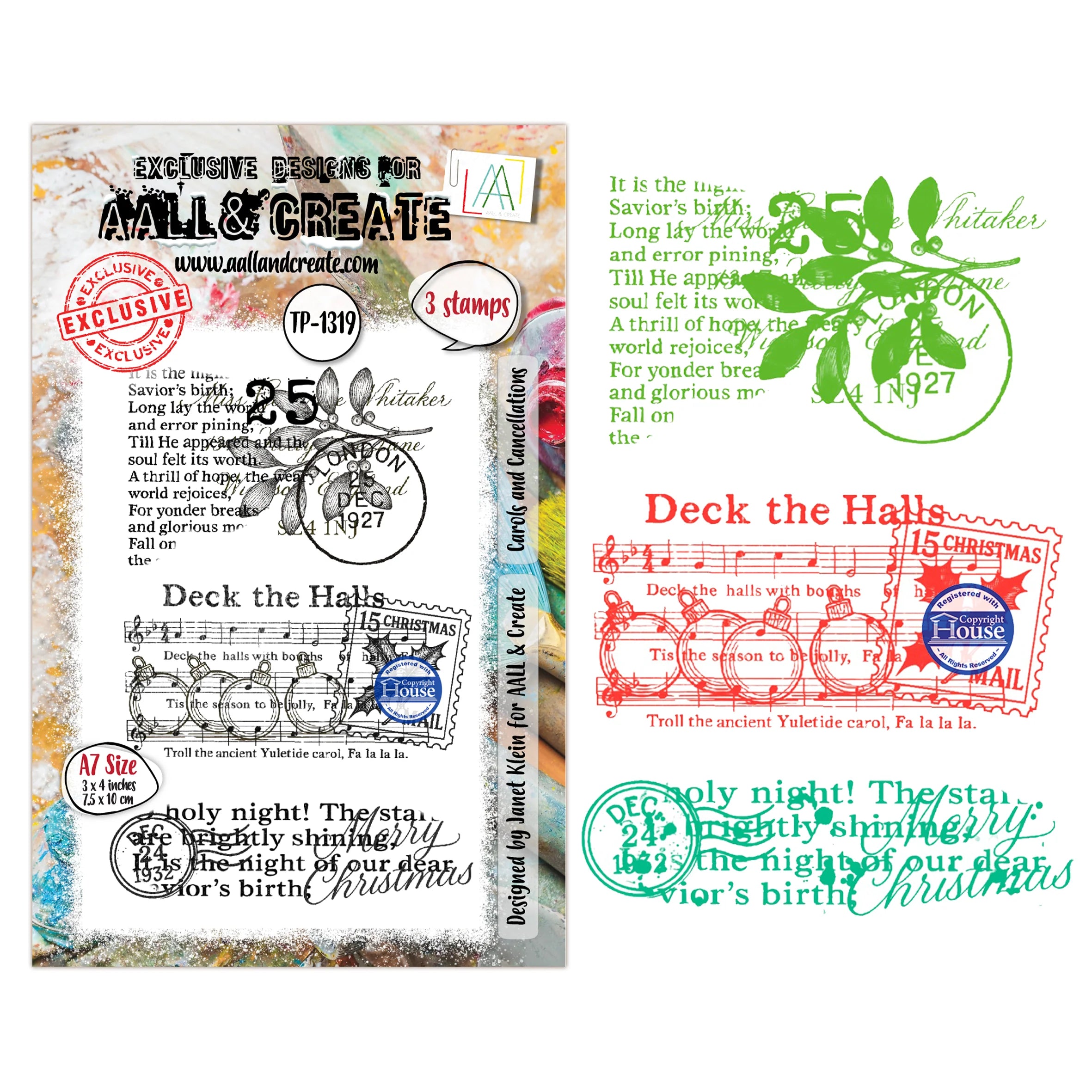 A sheet of decorative stamps and ink stamps from Aali & Create, featuring holiday-themed text and illustrations including 'Deck the Halls' and 'Savior's high,' shown alongside sample stamped designs on a white background.