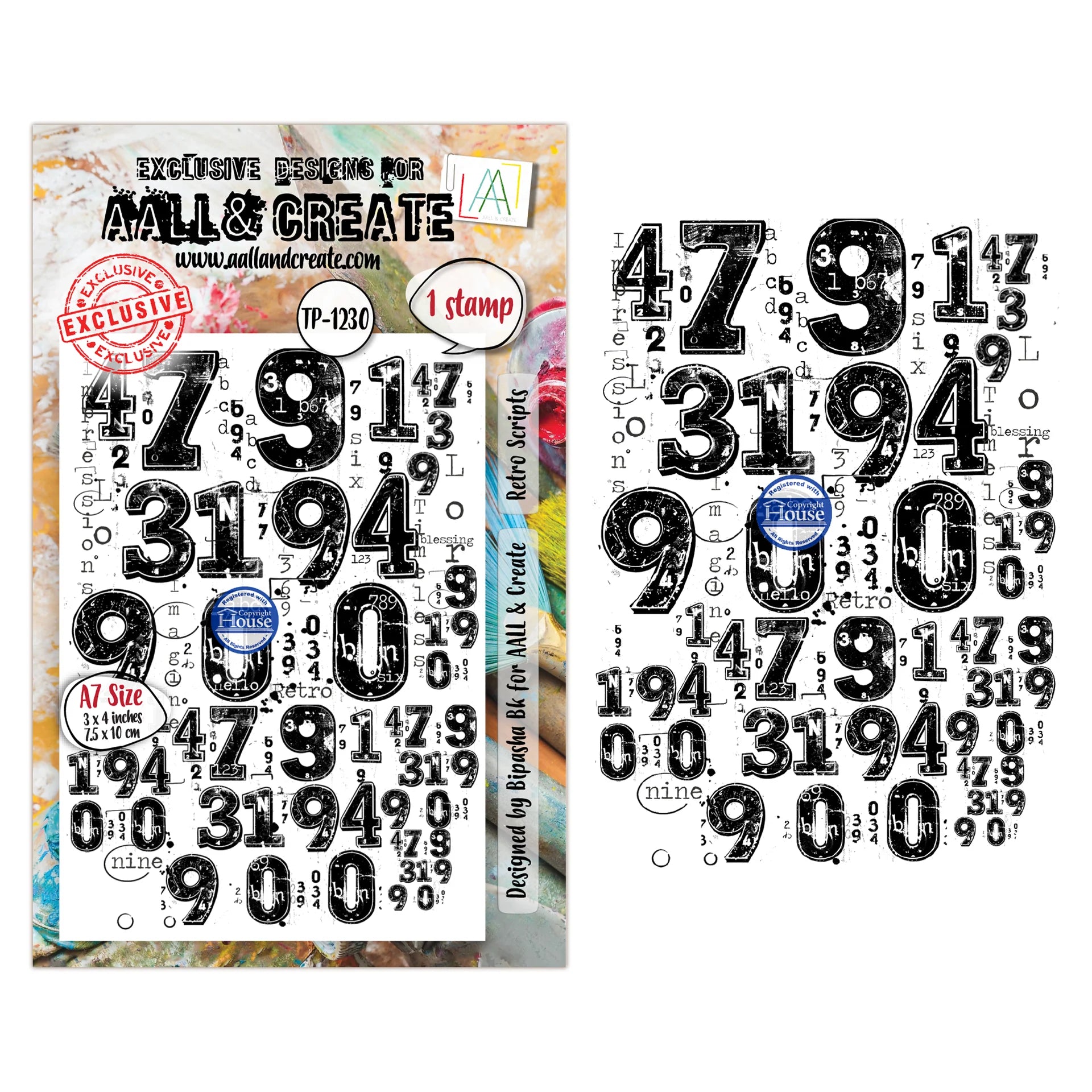 A sheet of black numeric stamp designs with distressed typography, shown alongside the product packaging on a white background.