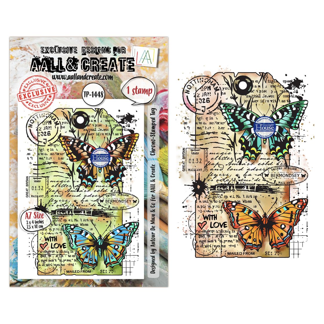 Butterfly-themed stamps with vintage design elements on a white background