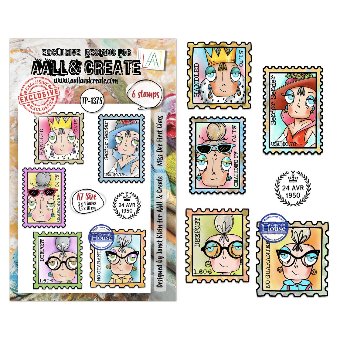 Collection of cartoon character stamps with decorative elements on a white background