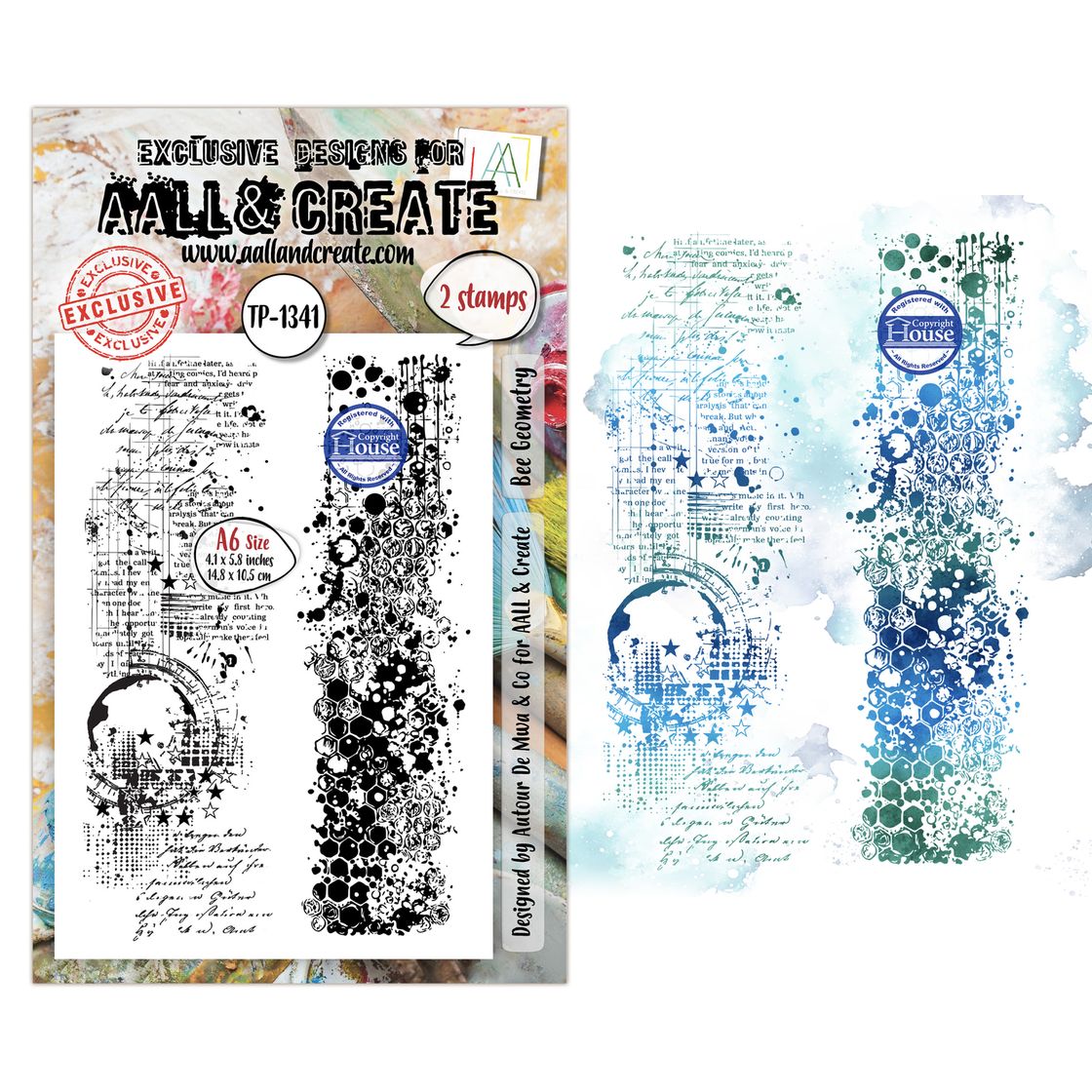 Aall & Create stamp set packaging with design elements on a white background