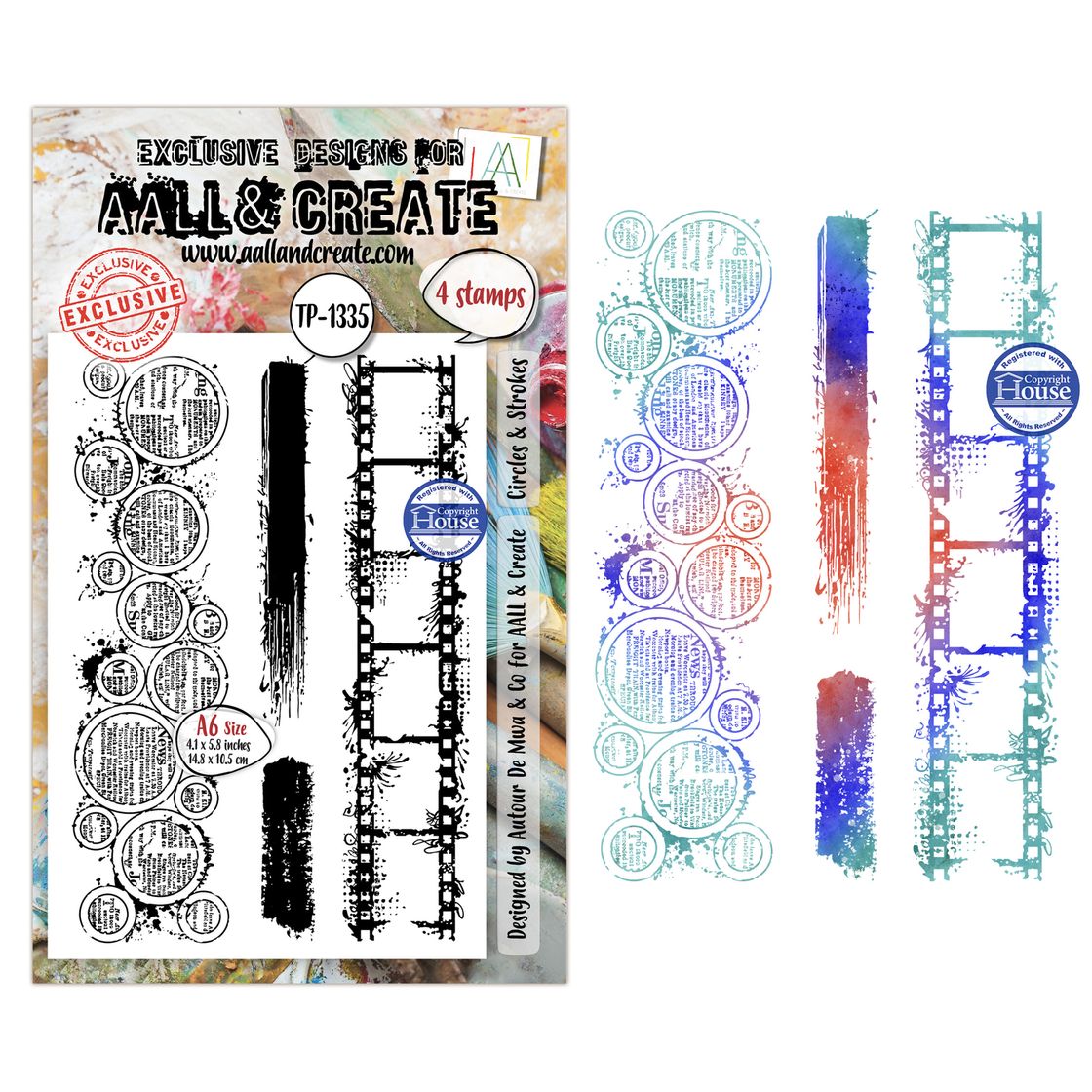 Set of stamps with text and graphics on a white background, featuring the brand 'All & Create'.
