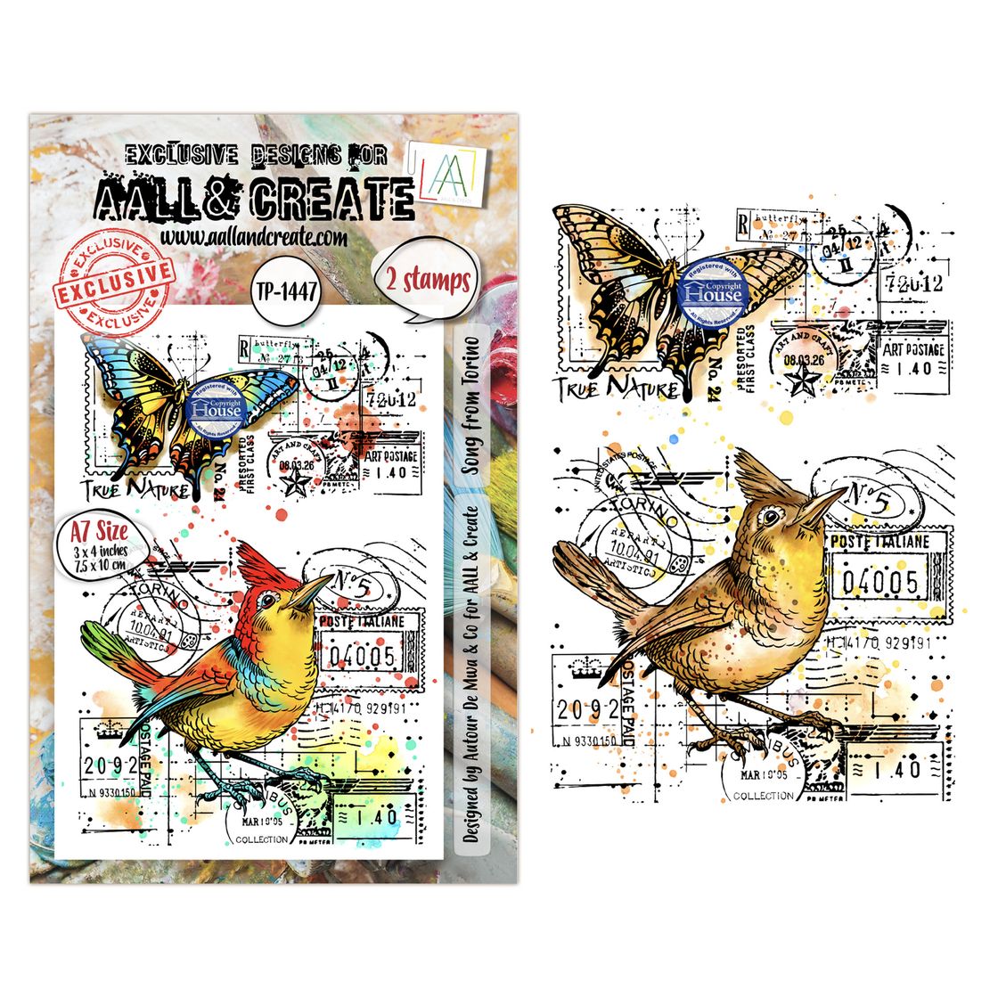 Decorative stamps with birds and butterflies on a vintage design background