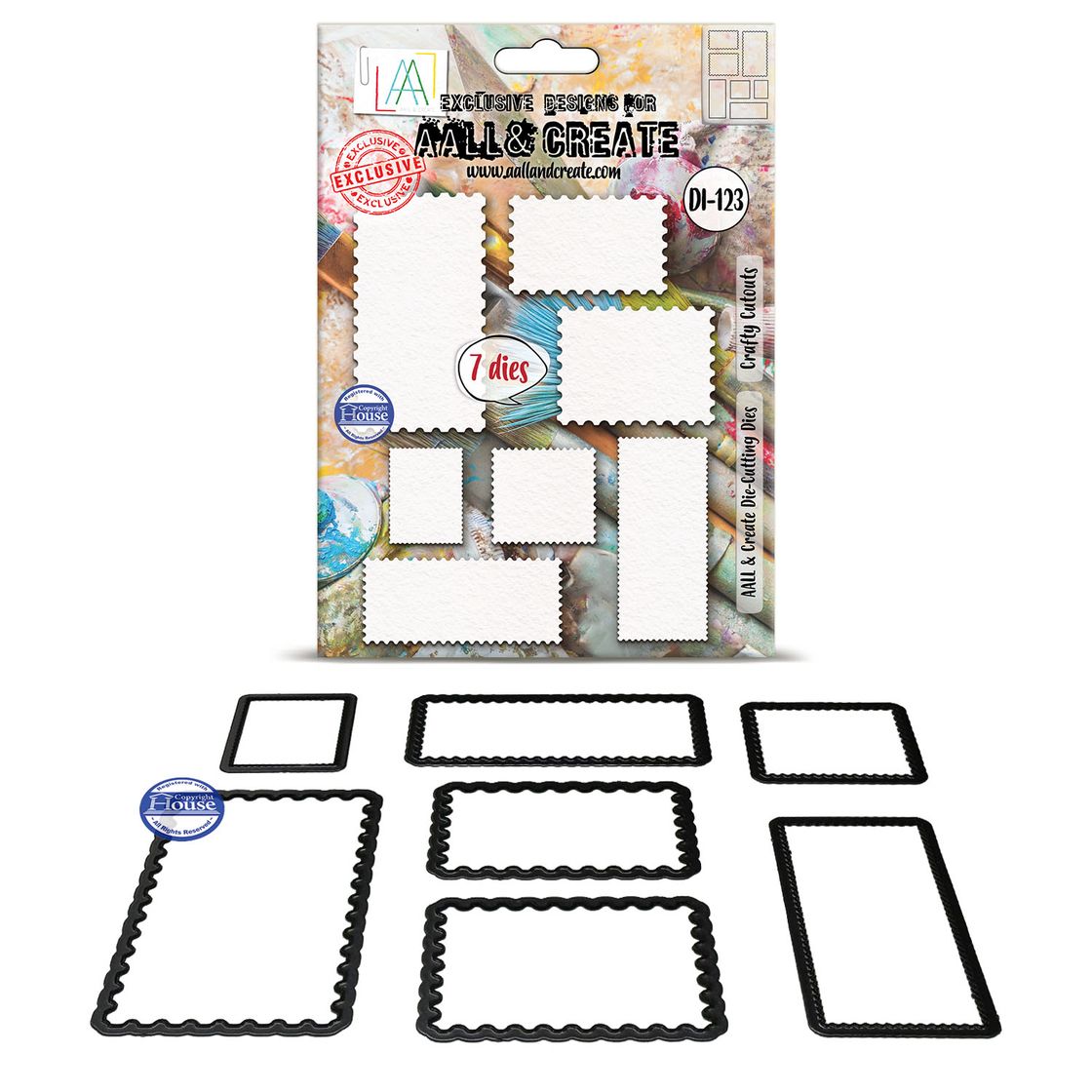 Packaging of All & Create dies with die-cut shapes displayed below on a white background