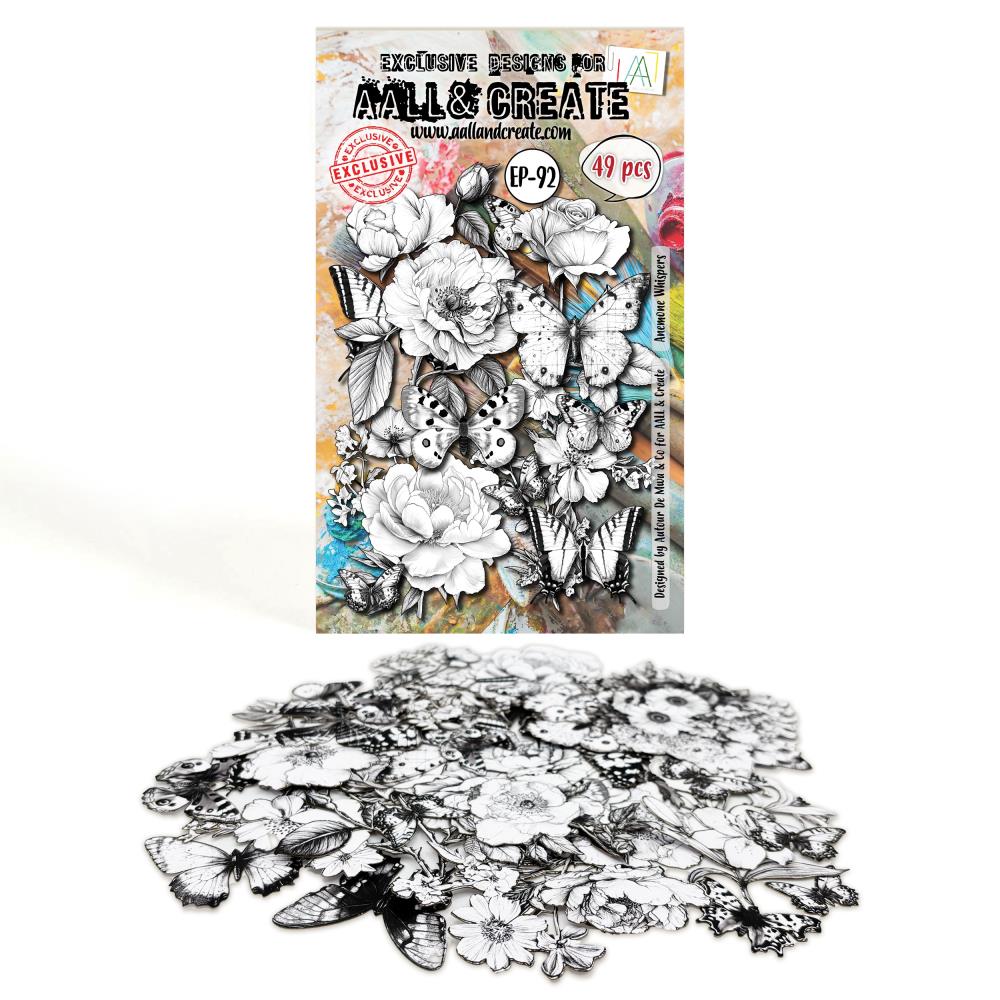 Black and white ephemera set with floral and butterfly designs on a white background