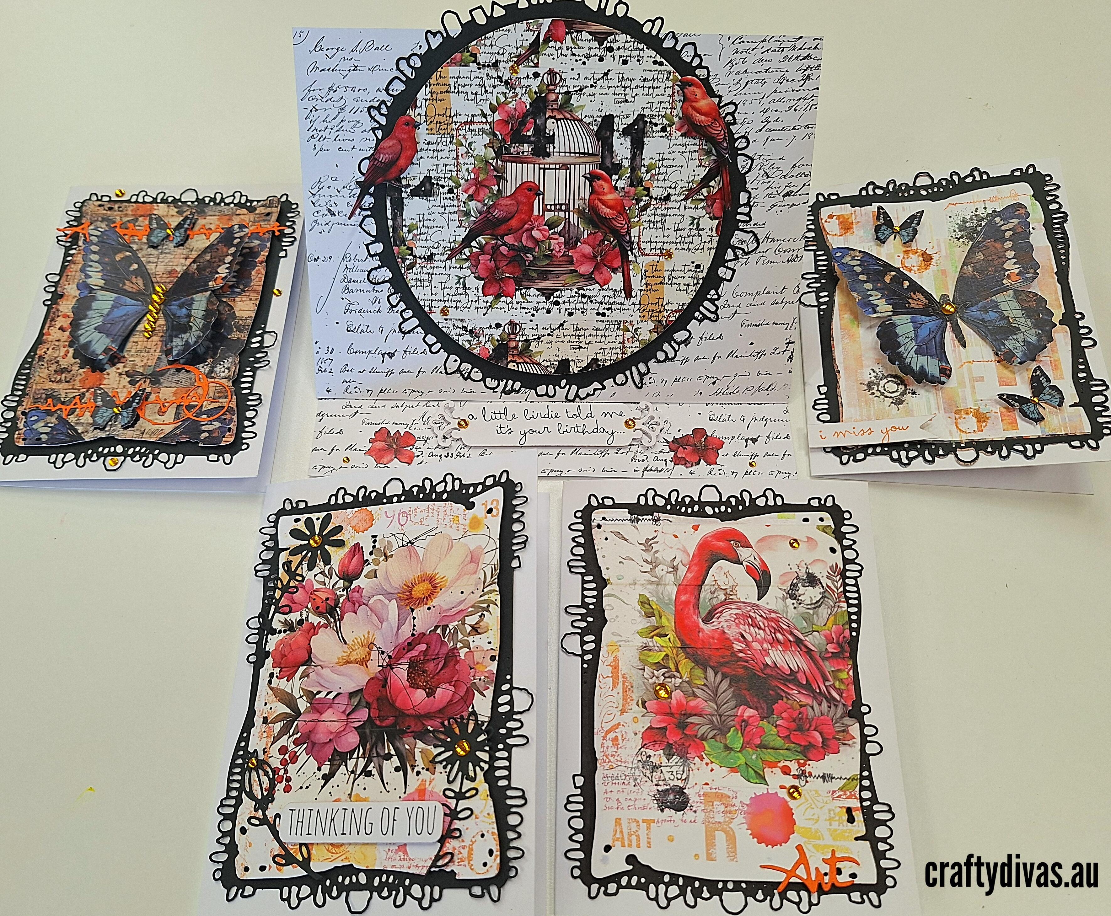 Create a collection of artistic cards with floral, bird, and butterfly designs on a white background.