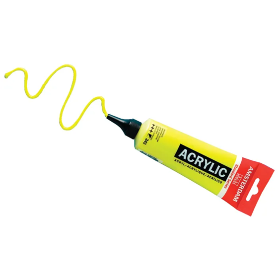Acrylic paint tube with yellow paint on a white background