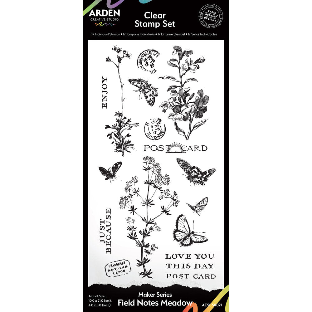 Clear stamp set with floral and butterfly designs on a white background