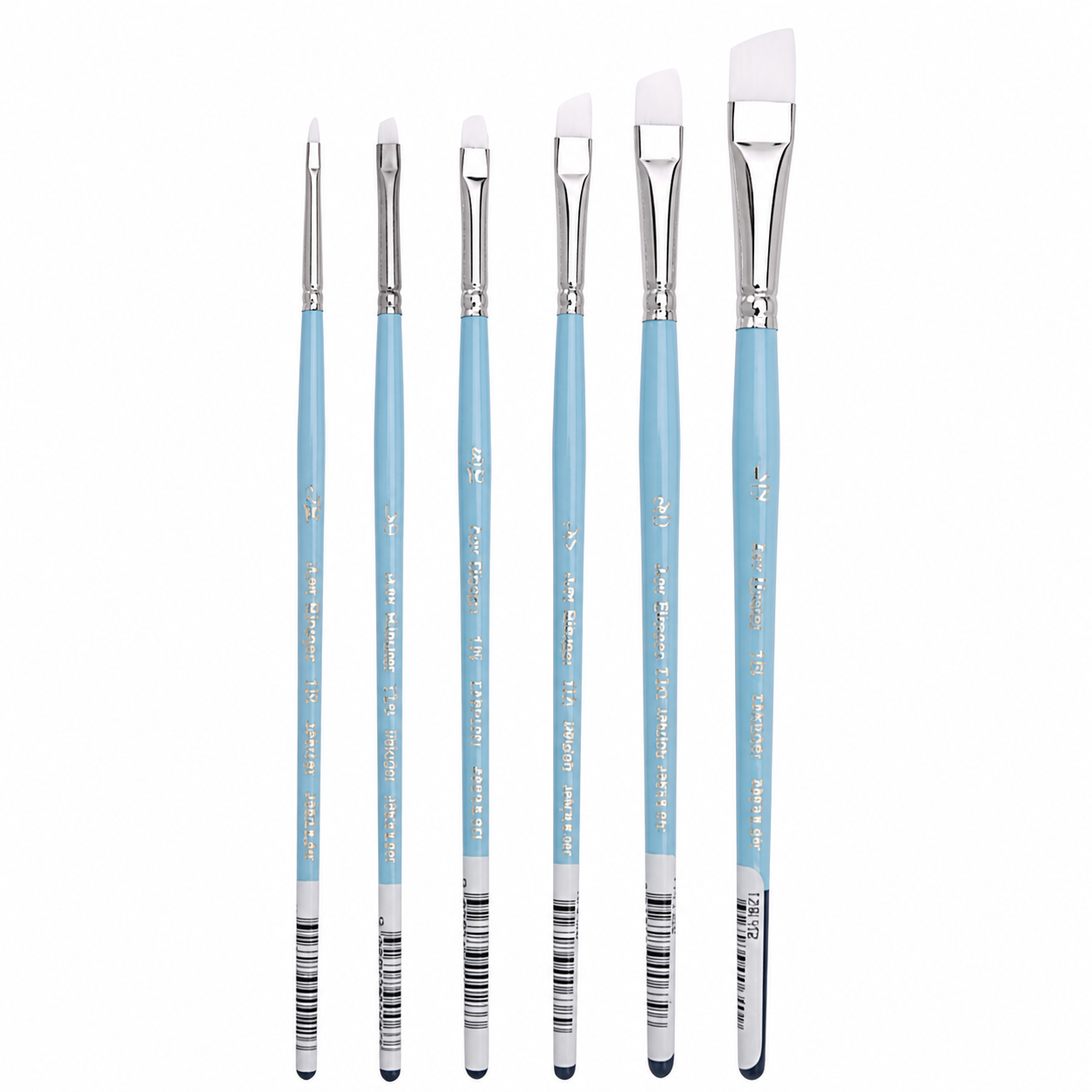 Six light blue paint brushes with silver ferrules and white bristles, arranged vertically on a plain white background. The handles show the brand name 'Kuretake' and the text 'watercolor brush set'.