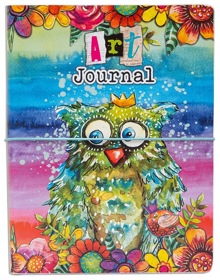 Colorful journal cover with owl illustration and 'Art Journal' text on a multicolored background