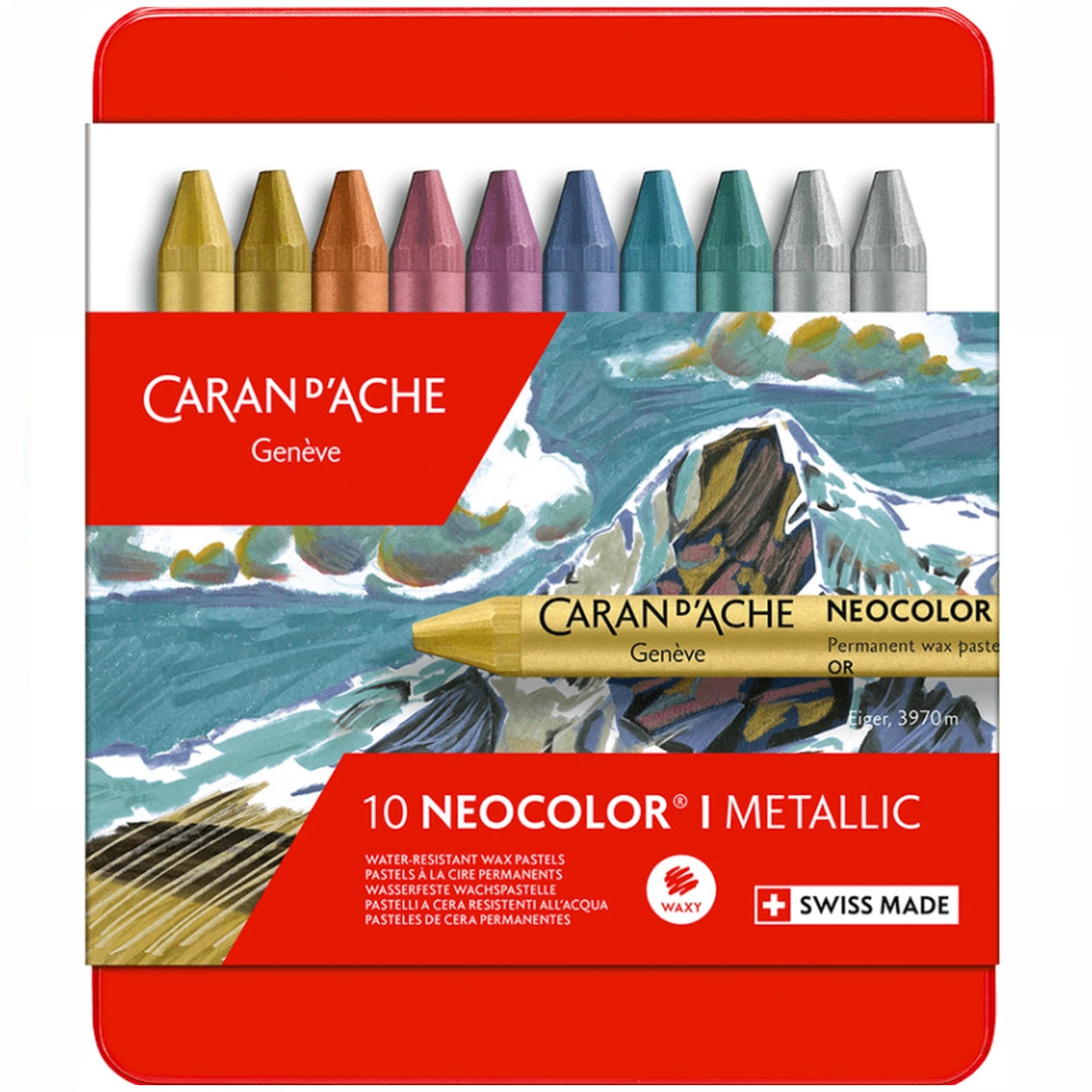 Caran d'Ache Neocolor I Metallic crayon set packaging with colourful crayon wax oil crayons.