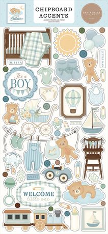 Collection of baby-themed chipboard accents with teddy bears, toys, and decorative elements on a white background.